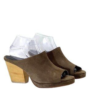 CREATURES OF COMFORT 10.5 Myra Platform Suede Heeled Mules Wood Heel Taupe Clogs